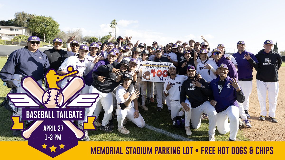 Celebrate Senior Day & Coach Mike Rizzo's 400th win with us at a fun-filled tailgate! M️ore info: whittier.edu/calendar/baseb…