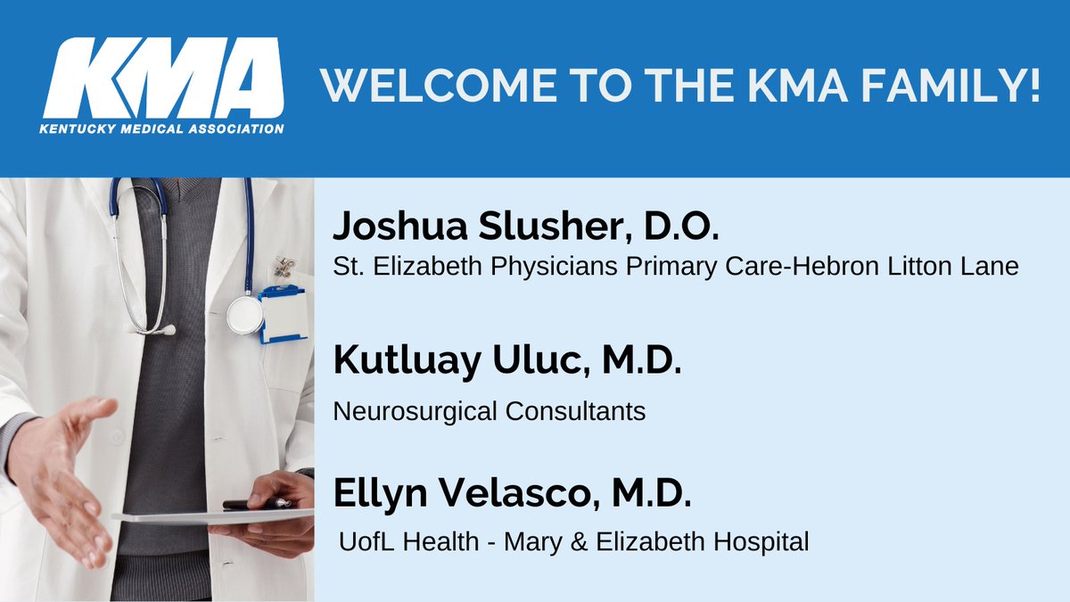KMA welcomes new members Joshua Slusher, D.O., @StElizabethNKY Physicians Primary Care-Hebron Litton Lane, Kutluay Uluc, M.D., @Ascensionorg, and Ellyn Velasco, M.D., @UofLHealth - Mary & Elizabeth Hospital, to the KMA family. Your membership makes a difference!