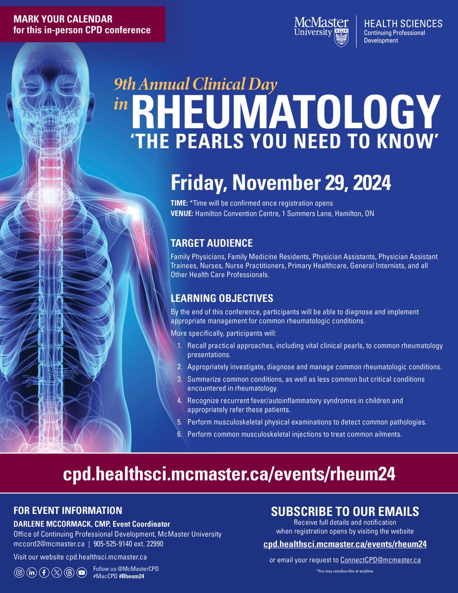 Mark your calendar on November 29 for the 9th Annual Clinical Day in Rheumatology.

Learn more at cpd.healthsci.mcmaster.ca/events/rheum24/

#MacCPD #LifelongLearning #SkillsDevelopment #MedicalEducation