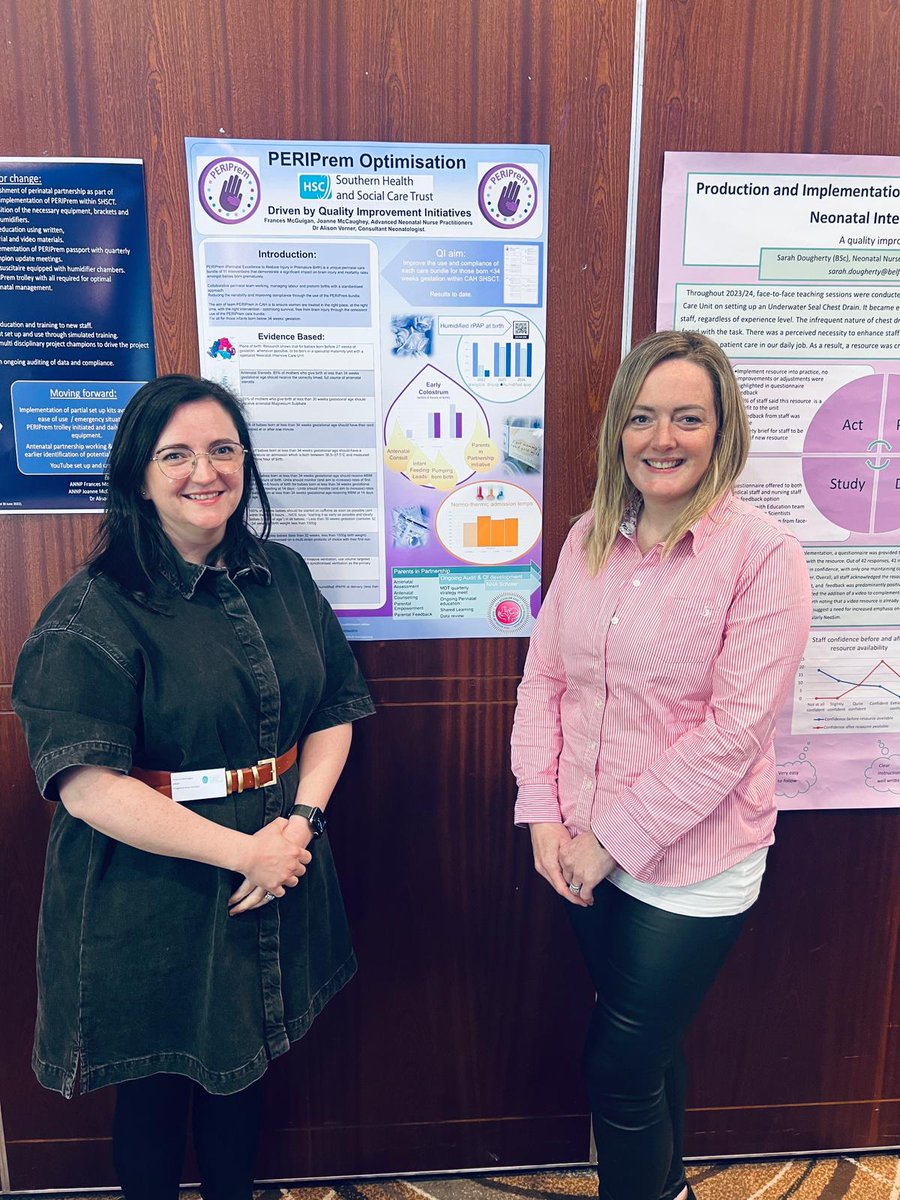 Poster prize winners Frances McGuigan and Joanne McCaughey (ANNPs from Craigavon Area Hospital) with their winning poster titled PERIPrem Optimisation - congratulations 🎊 👏 @FrancesMcGuiga2 #NNANIConf24