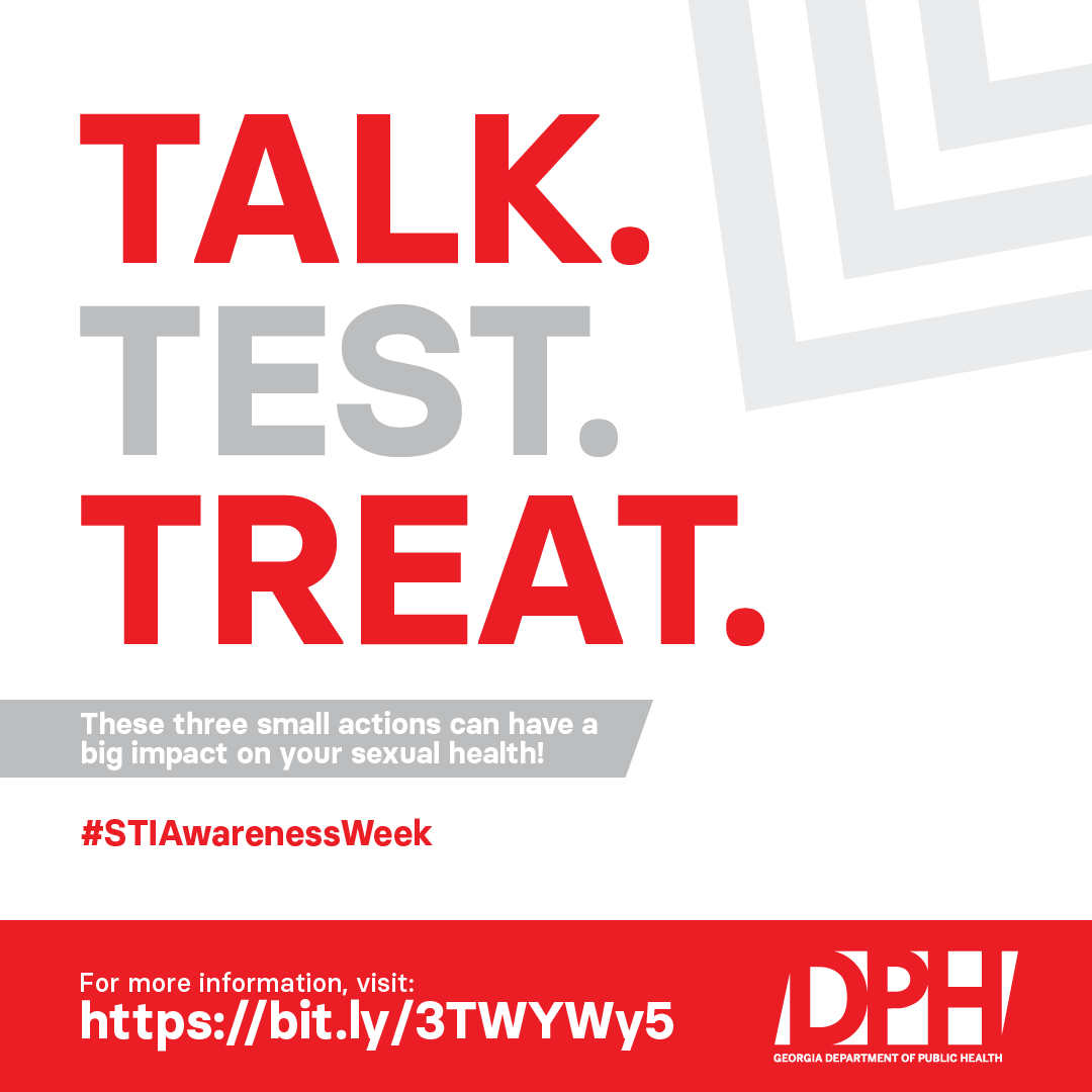 This #STIAwarenessWeek, prioritize your sexual health with three simple steps: Talk. Test. Treat. Your well-being matters. Visit bit.ly/3TWYWy5 for more information.