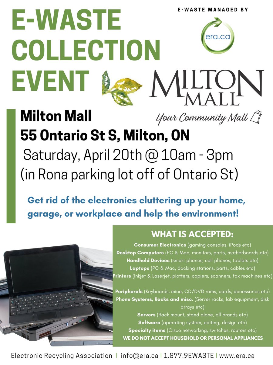 🌍 Participate in our Earth Month initiative! 🌱 Dispose of your old electronics responsibly with us at MiltonMall Saturday, April 20th. Let's collaborate to diminish e-waste and safeguard our environment. ♻️ #EarthMonth #EWasteRecycling #SustainableLiving #ReduceReuseRecycle 🌎