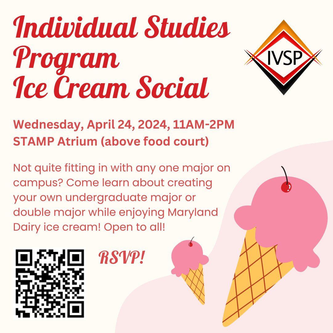 Not quite fitting in with any one major on campus? Learn about creating your own, unique, personalized undergraduate major or second major! Come enjoy Maryland Dairy ice cream and chat with Individual Studies Program students and staff! RSVP: forms.gle/a5LKBNDRHzkz9s…
