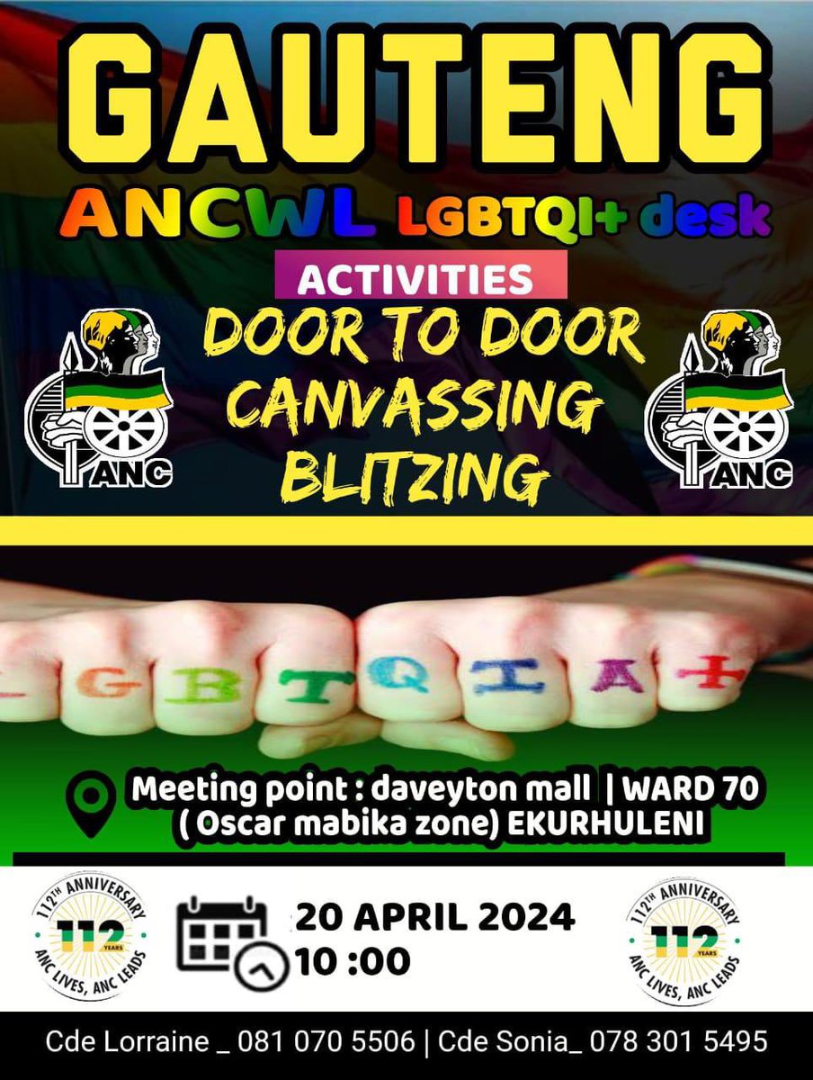 GautengYwd's tweet photo. Join us tomorrow at 10:00 for a door-to-door and blitzing program with the ANCWL LGBTQI+ desk in Gauteng!🏳️‍🌈 

Meeting point: Daveyton Mall, Ward 70 (Oscar Mabika Zone), Ekurhuleni.
#Malibongwe🖤💚💛 https://t.co/6A8mzQcsy6