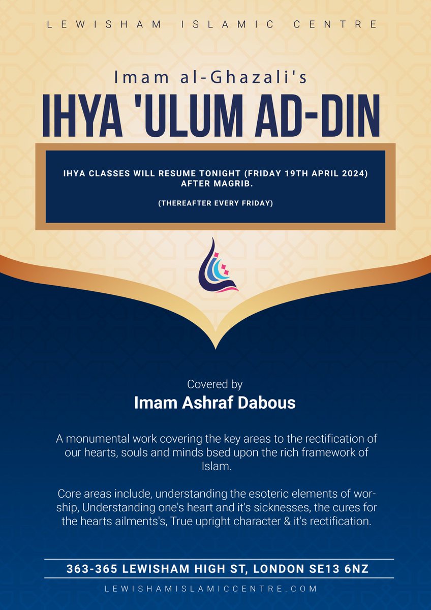 Ihya Classes will resume Tonight (Friday 19th April 2024) after Magrib (Thereafter Every Friday). #Ihyaclasses #LIC