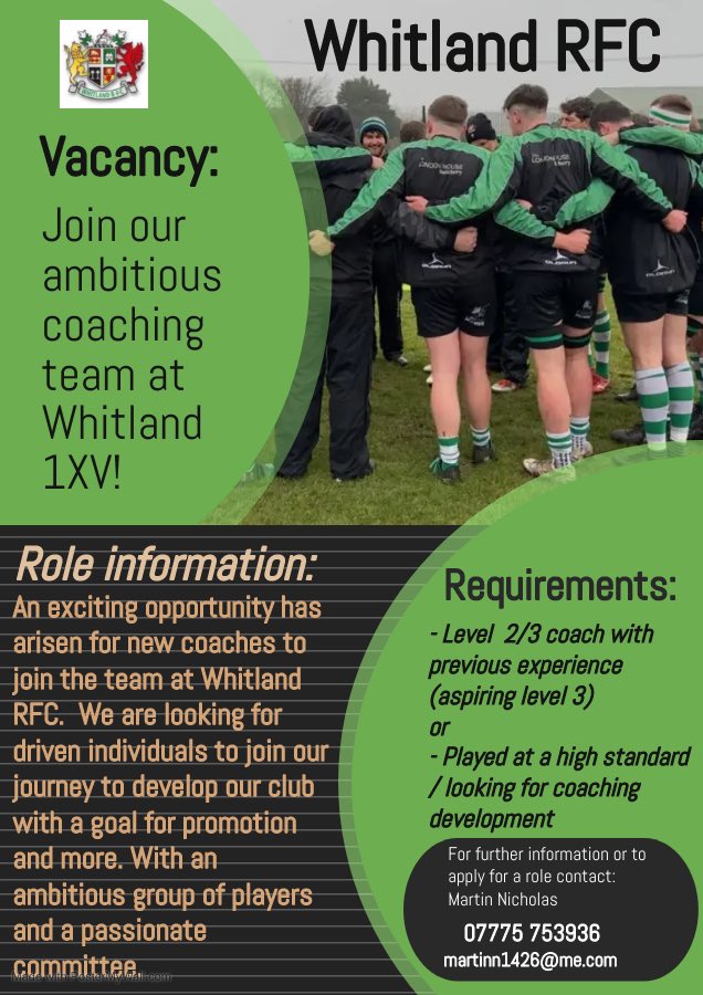 🟢 WHITLAND 1XV 🟢

An exciting opportunity has arisen to join the Whitland 1XV coaching team!!

Contact Martin Nicholas for further information or to apply for a role💪🏽🟢⚪️