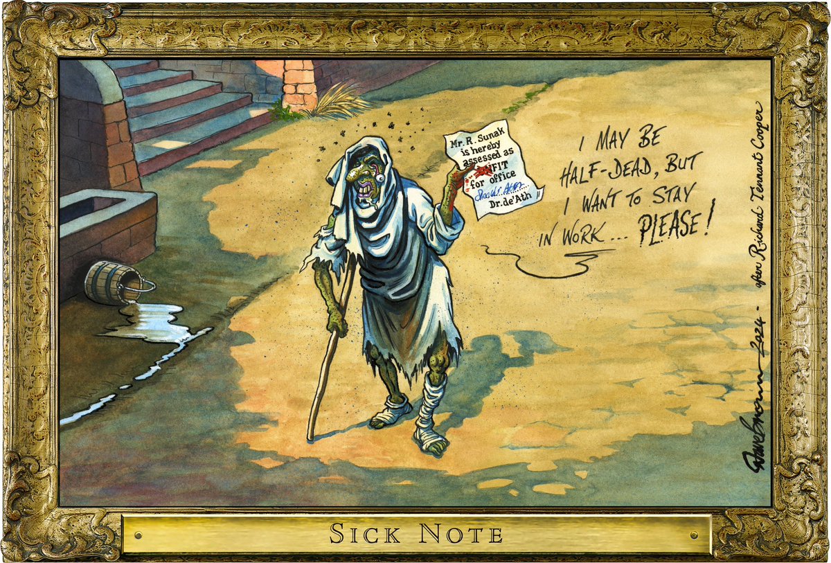 Dave Brown's #RoguesGallery cartoon, after #RichardTennantCooper #Sunak #RishiSunak #SickNotes #SickNoteSunak  #Welfare #Benefits #DisabilityRights #ToriesUnfitToGovern #Sunackered #GeneralElectionN0W  – political cartoon gallery in London original-political-cartoon.com