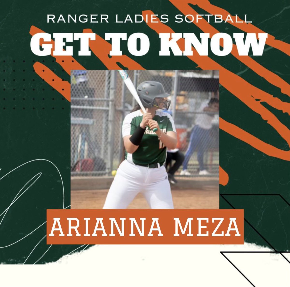 🚨Now introducing… Varsity first baseman🚨 Arianna Meza (Nana) #12 Junior Favorite memory of the season: turning up on the bus after wins! 🎤🪩 Favorite pro/ collegiate: Jocelyn Alo 🥎 Team bestie: Bella 💚 Post-game food: Subway