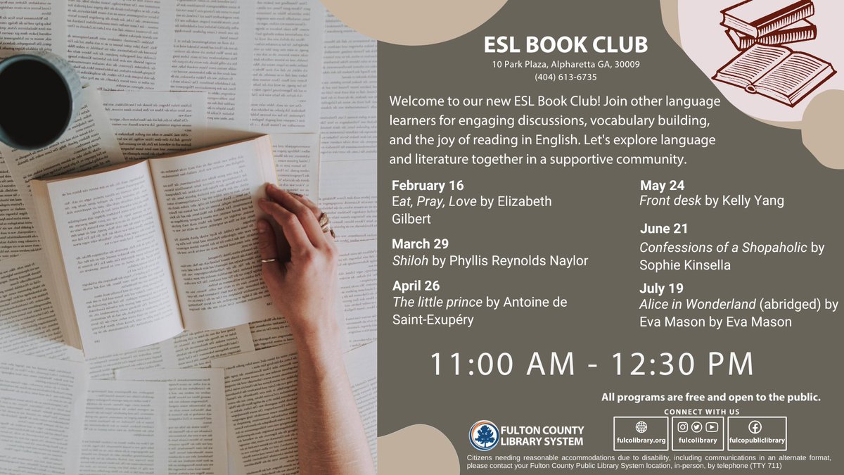 Join us on Friday, April 26th at 11 AM at the Alpharetta Library for our new ESL Book Club. Meet other language learners for discussions, vocabulary building, and reading in English! tinyurl.com/yc8hz9v3 #FulcoLibrary #ESL #BookClub #Alpharetta