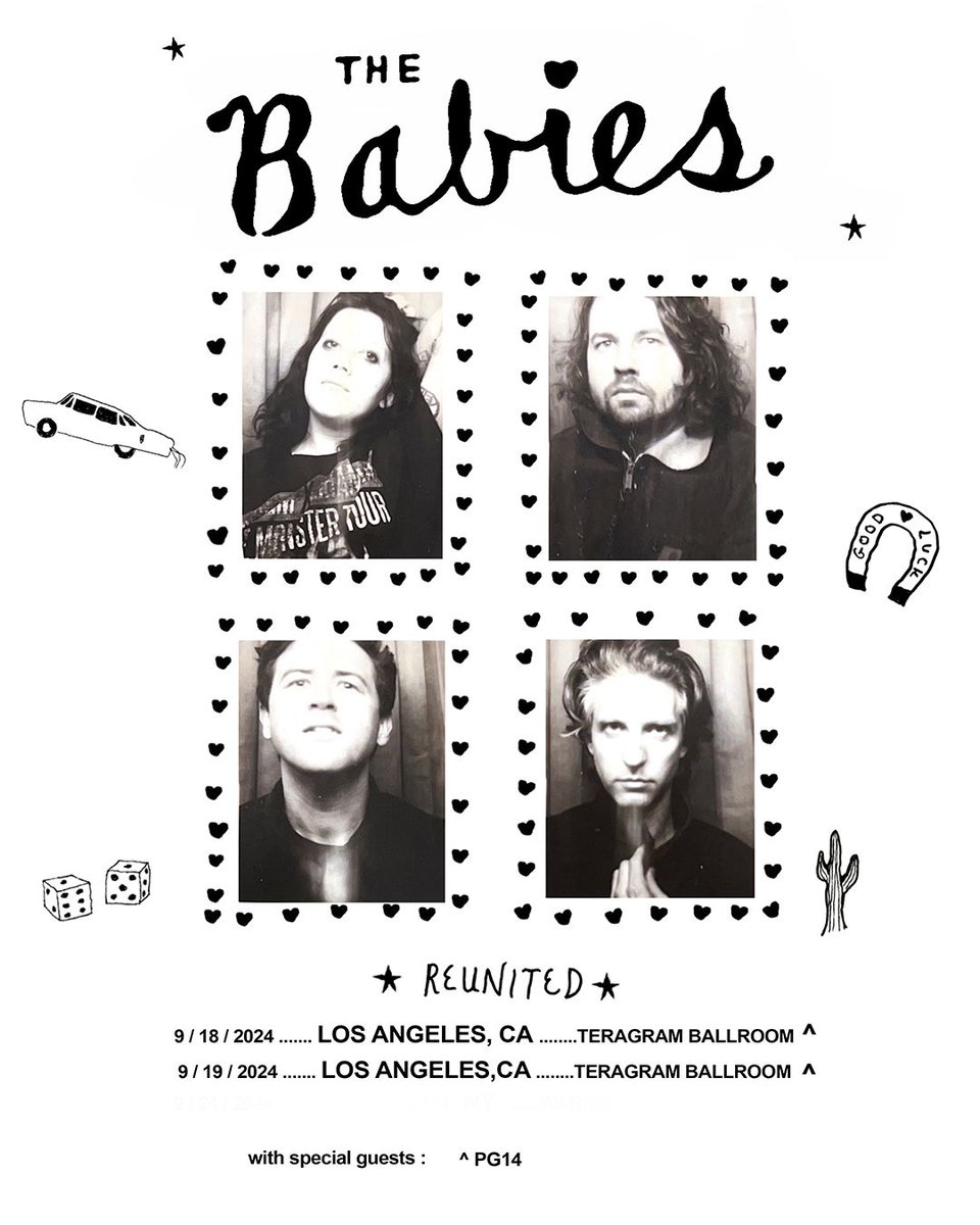 Great news! Due to high demand, a second Babies show has been added at the Teragram Ballroom on September 19th, with support from PG14. Get your tickets before they're gone! 🎶 #LiveMusic #TeragramBallroom #TheBabies #PG14