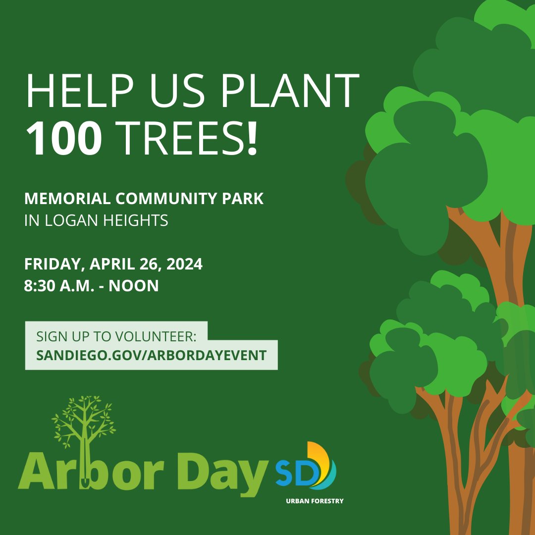 Let's make the world a little greener, one tree at a time! 🌳 Join us this #ArborDay as we plant 100 trees for a brighter, more sustainable future. Sign up to volunteer at sandiego.gov/arbordayevent. #SanDiego #SanDiegoAtWork #tree