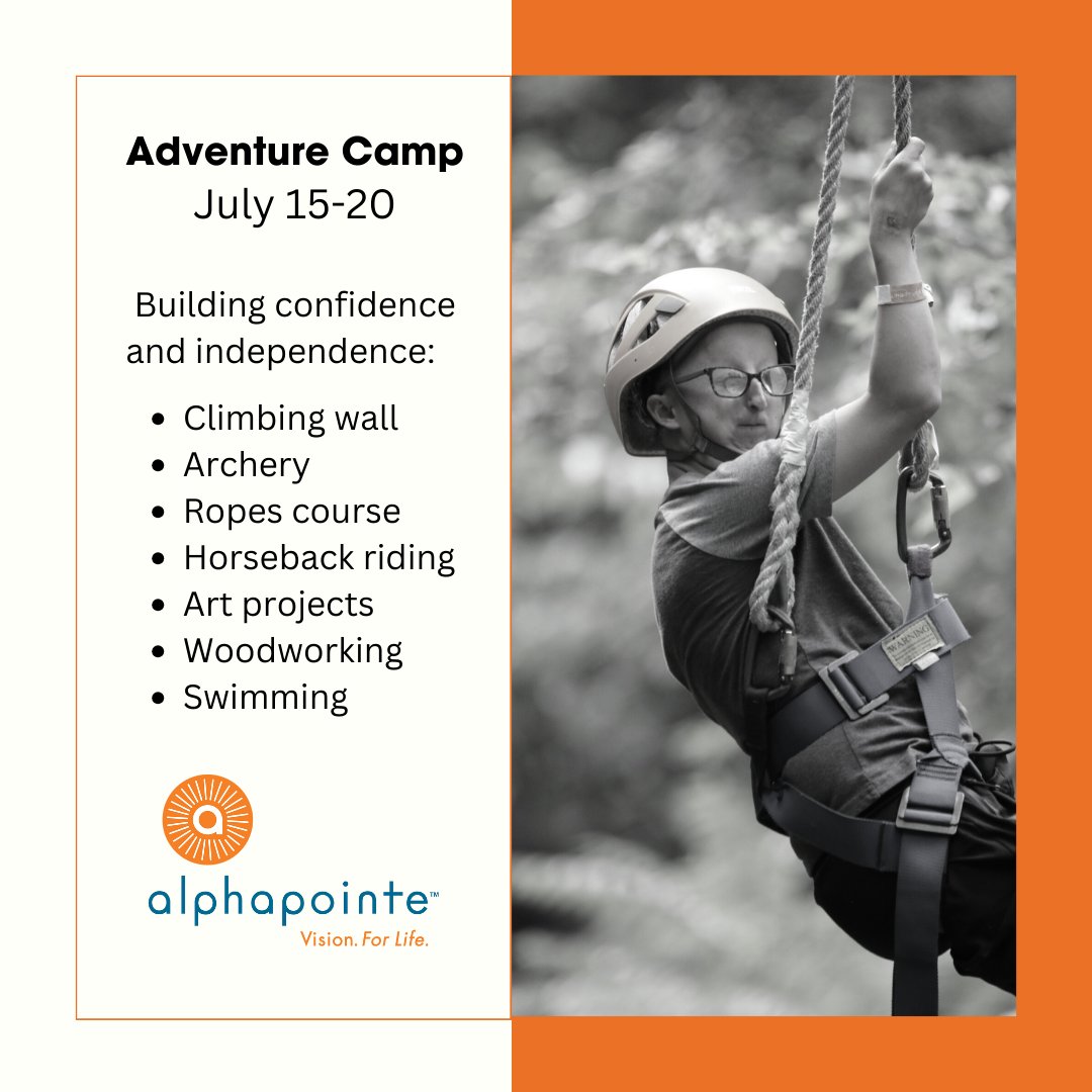 Swimming-check! Horseback riding-of course! Climbing wall-why not? Water balloons-yes! Archery-Obviously! #AdventureCamp: July 15-20 | Ages 11 to 18 | Register: bit.ly/4aLZBc8 #blind #visionloss #independence #KCSummer #lowvision #Alphapointe #KansasCity