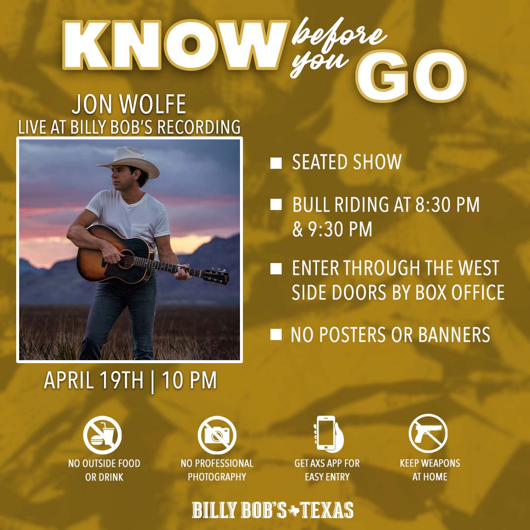 COMING TO THE SHOW? KNOW BEFORE YOU GO!⁠ ⁠ Doors- 6 PM⁠ JD Myers on the Honky Tonk Stage - 8 PM⁠ @jonwolfe on the Main Stage - 10 PM⁠ ⁠ 🎟: bit.ly/jonwolfe24