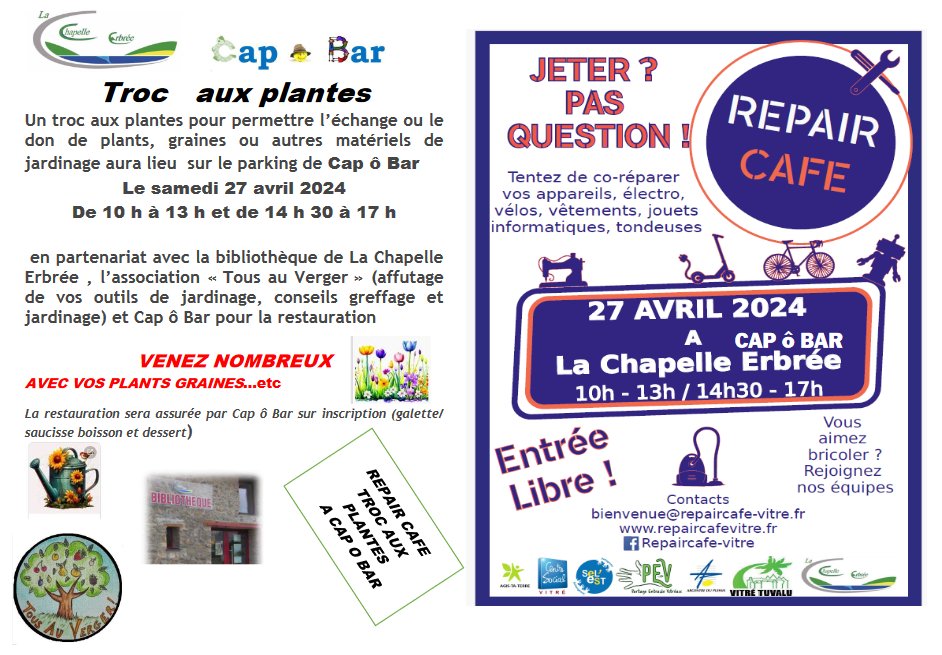 Le 27 avril, il y a un #repaircafé + troc plantes à La Chapelle Erbrée ! #viendez 🙌