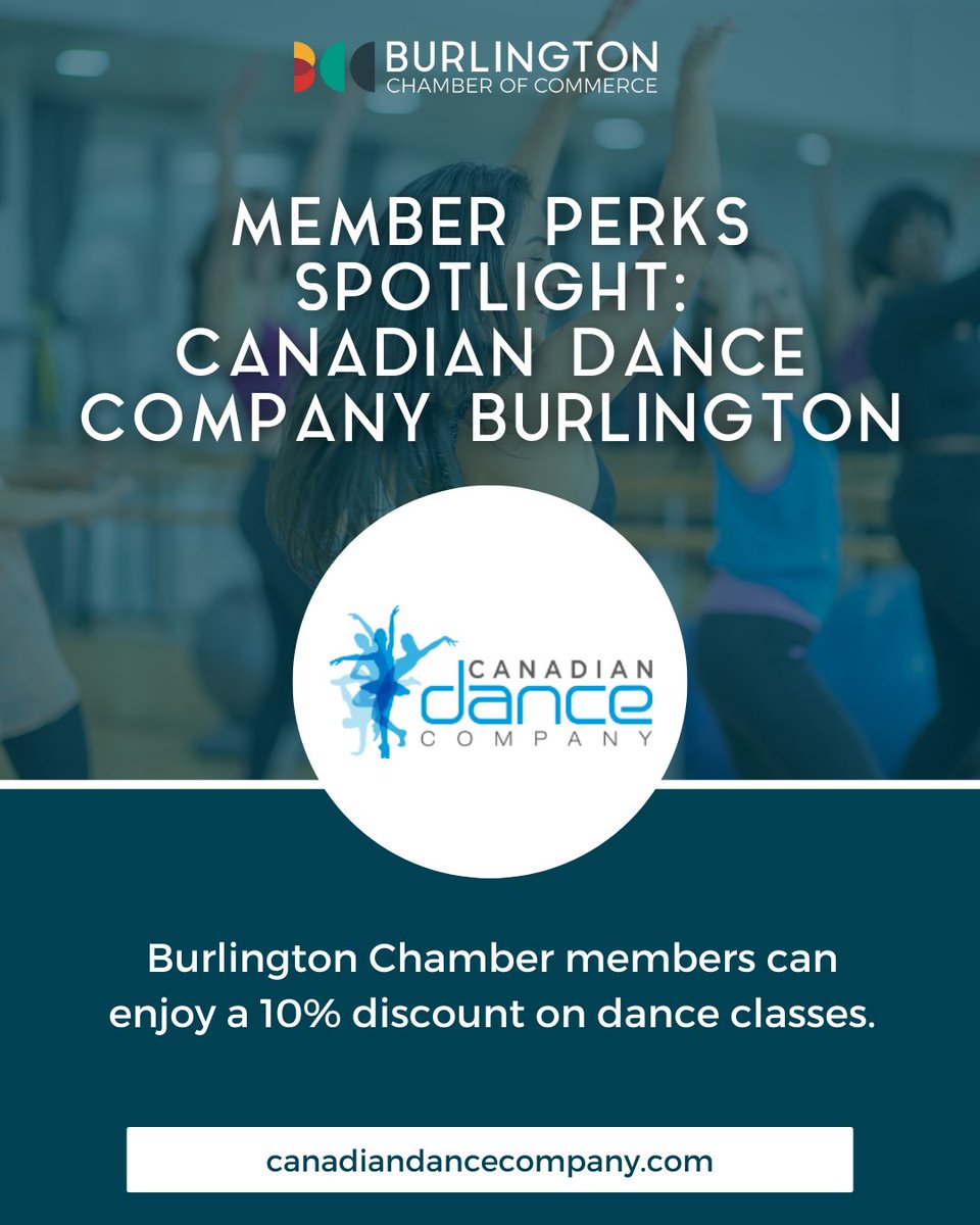 Many #BurlingtonCofC members offer generous #M2M discounts. This week, we’re putting the spotlight on the Canadian Dance Company Burlington. Burlington Chamber members can enjoy 10% off on dance classes. Learn more: bit.ly/3PmcKR7 #BurlONBiz #StrongerTogether