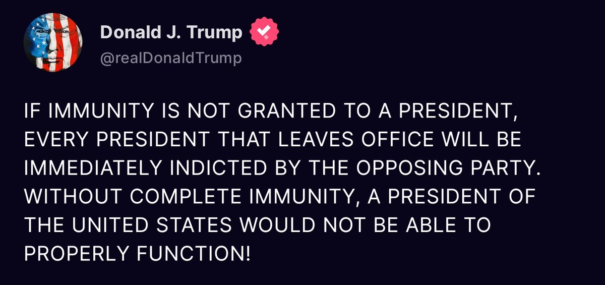 ‼️Trump Is Back in ALL CAPS‼️
🦅🇺🇸Good Morning Mr. President🇺🇸🦅

IF IMMUNITY IS NOT GRANTED TO A PRESIDENT, EVERY PRESIDENT THAT LEAVES OFFICE WILL BE IMMEDIATELY INDICTED BY THE OPPOSING PARTY. WITHOUT COMPLETE IMMUNITY, A PRESIDENT OF THE UNITED STATES WOULD NOT BE ABLE TO