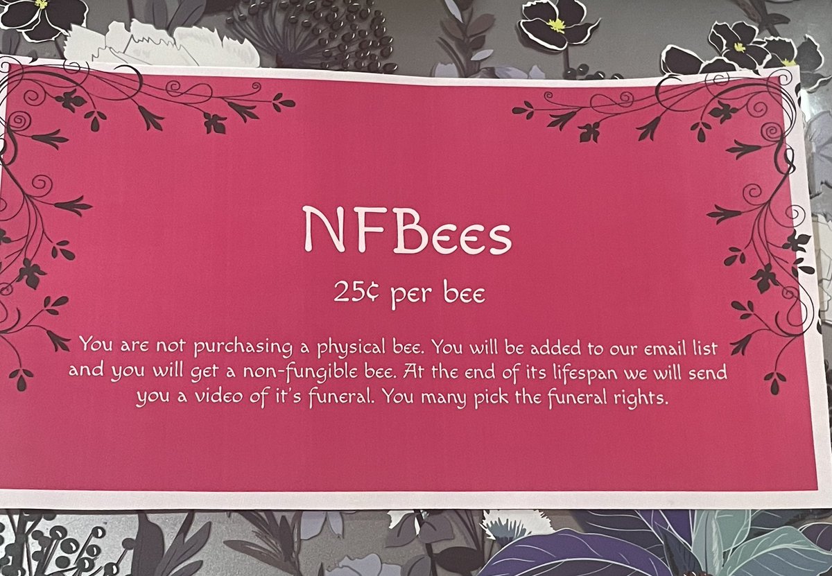 My teen joined their school's new #beekeeping club. They don't have honey to sell yet, but wanted to raise some funds at the school fair today. So she came up with a plan. NFBees. 🐝 😂