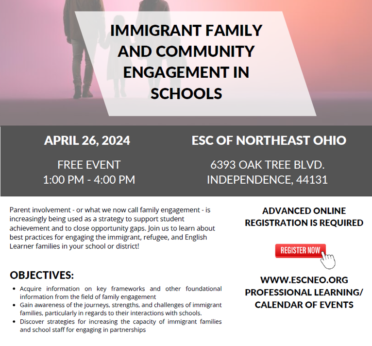 Excited to facilitate this training next week in Cleveland on immigrant #familyengagement, which will include a panel of immigrant parents!  #ImmigrantConnections
@ESCNortheastOH @resourcecle @FACE_CMSD @FirstRingCLE @OhioEngage @ESC_StuWellness @ohiotesol escneo.org/protected/Even…