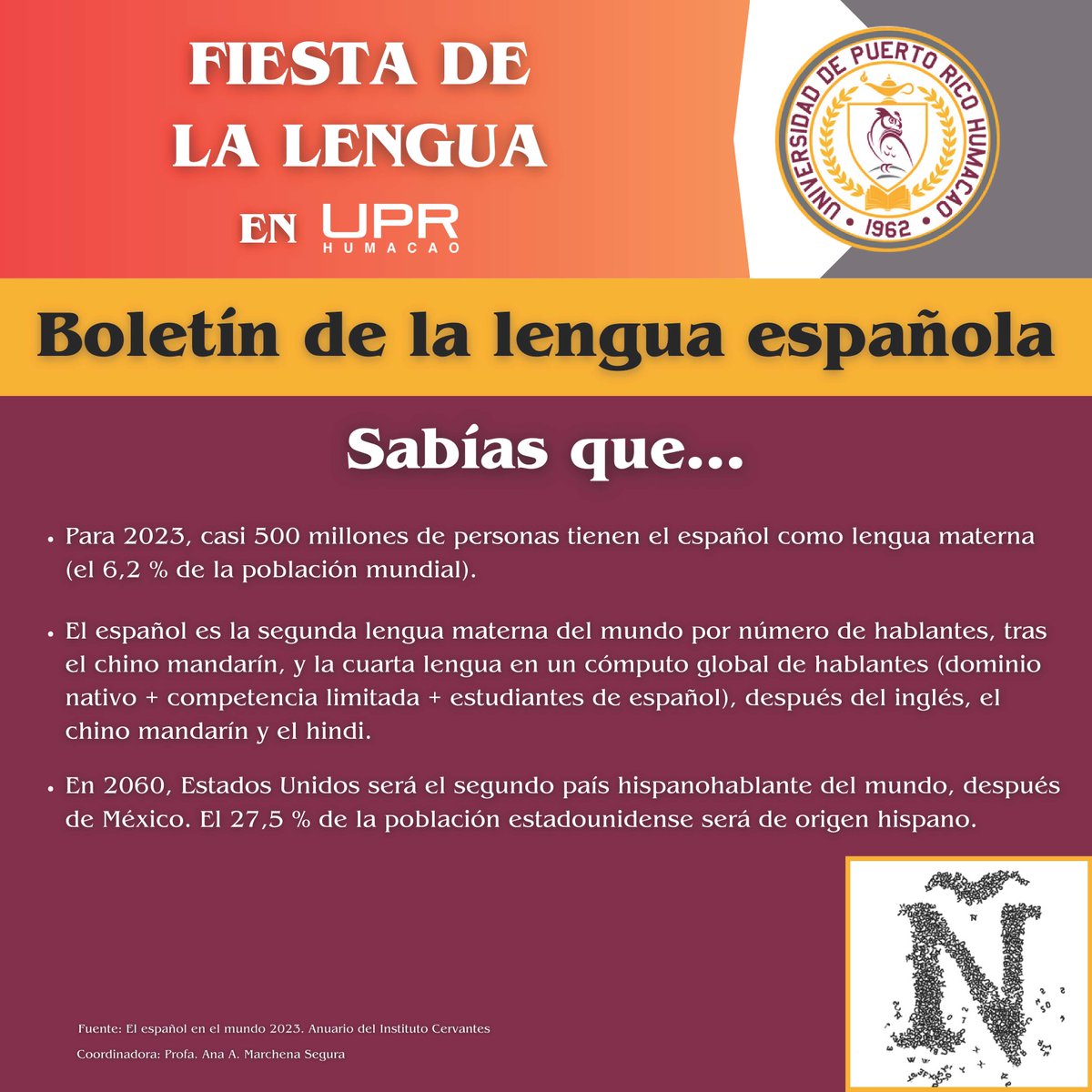 Como parte de la celebración de la Fiesta de la Lengua 2024 en UPR Humacao, el Departamento de Español comparte su Boletín de la lengua española (Ed. #1).

#FiestadelaLengua #Español #UPRH #SiempreBúhos