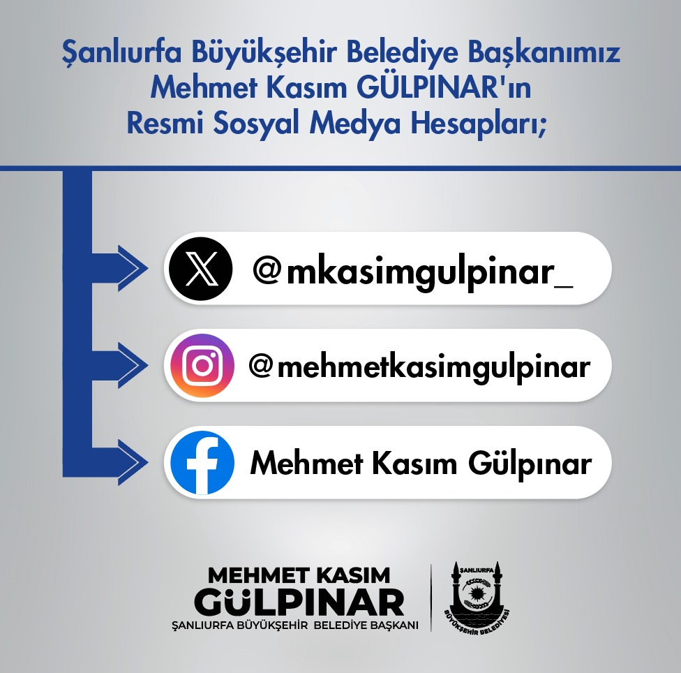 Şanlıurfa Büyükşehir Belediye Başkanımız Sayın Mehmet Kasım Gülpınar'ın resmi sosyal medya hesapları; X: @mkasimgulpinar_ Instagram: mehmetkasimgulpinar Facebook: Mehmet Kasım Gülpınar