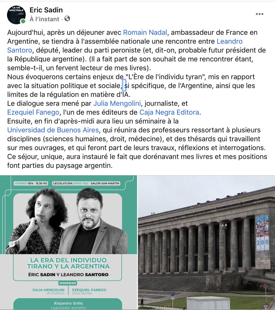 Eric_Sadin's tweet photo. Ce séjour, unique, aura instauré le fait que dorénavant mes livres et mes positions font parties du paysage argentin.
@NadalDiplo, @SantoroLeandro, @cajanegraedit, @aleberco https://t.co/R3e27HKbX2