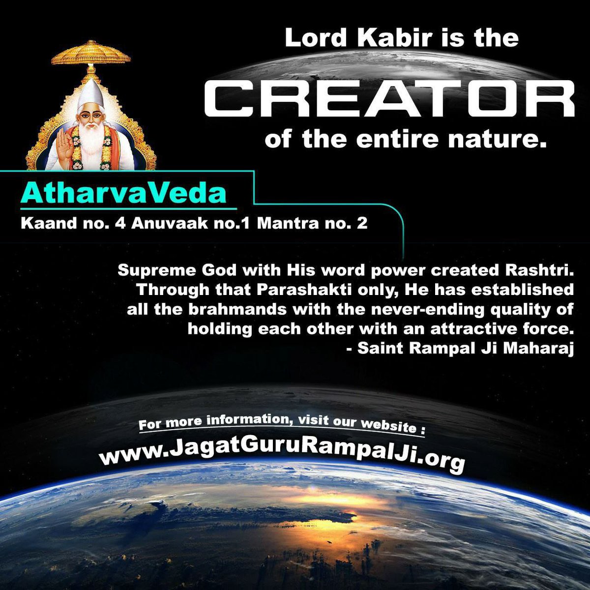 #GodNightFriday 
Lord Kabir is the CREATOR of the entire nature.
Atharva Veda
Kaand no. 4 Anuvaak no.1 Mantra no. 2