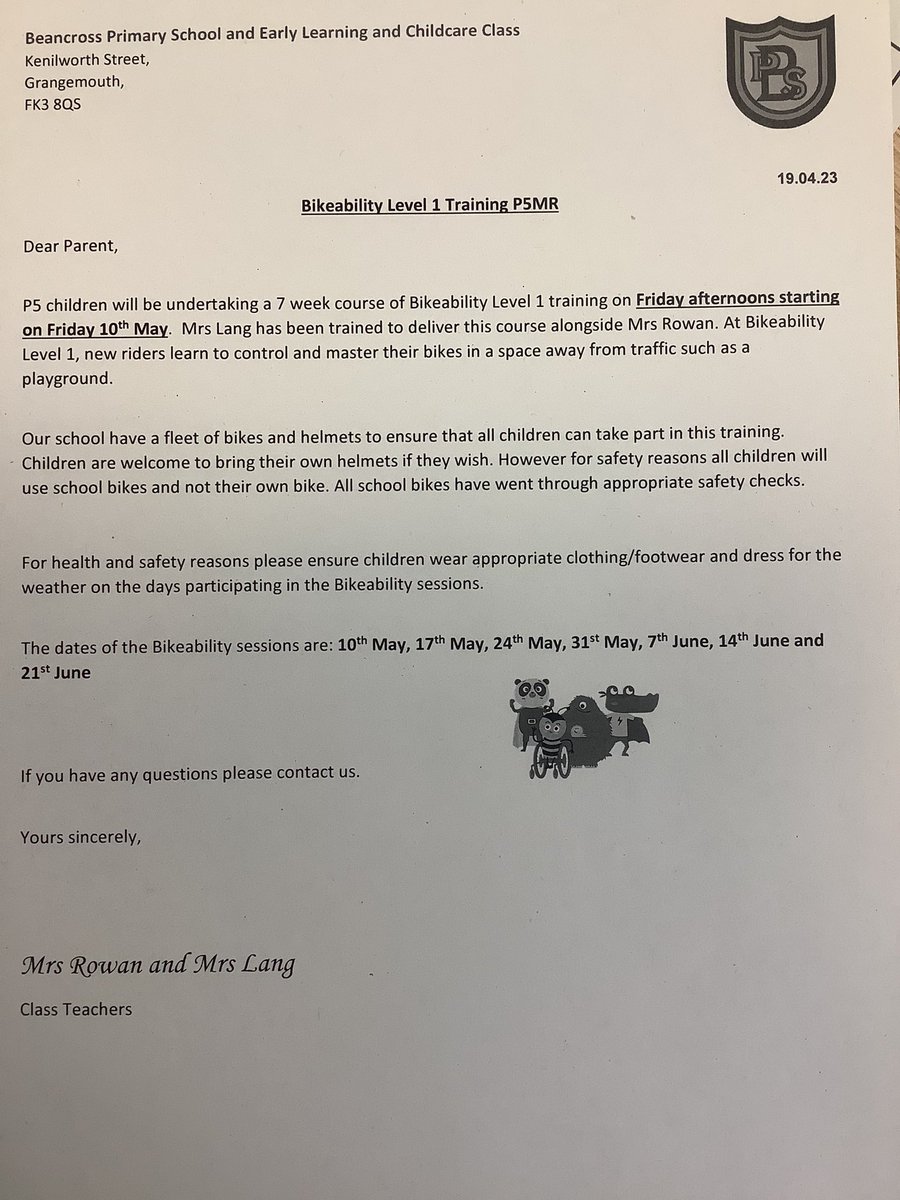 Pupils in P5MR have brought home this letter today with information about Bikeability 🚲