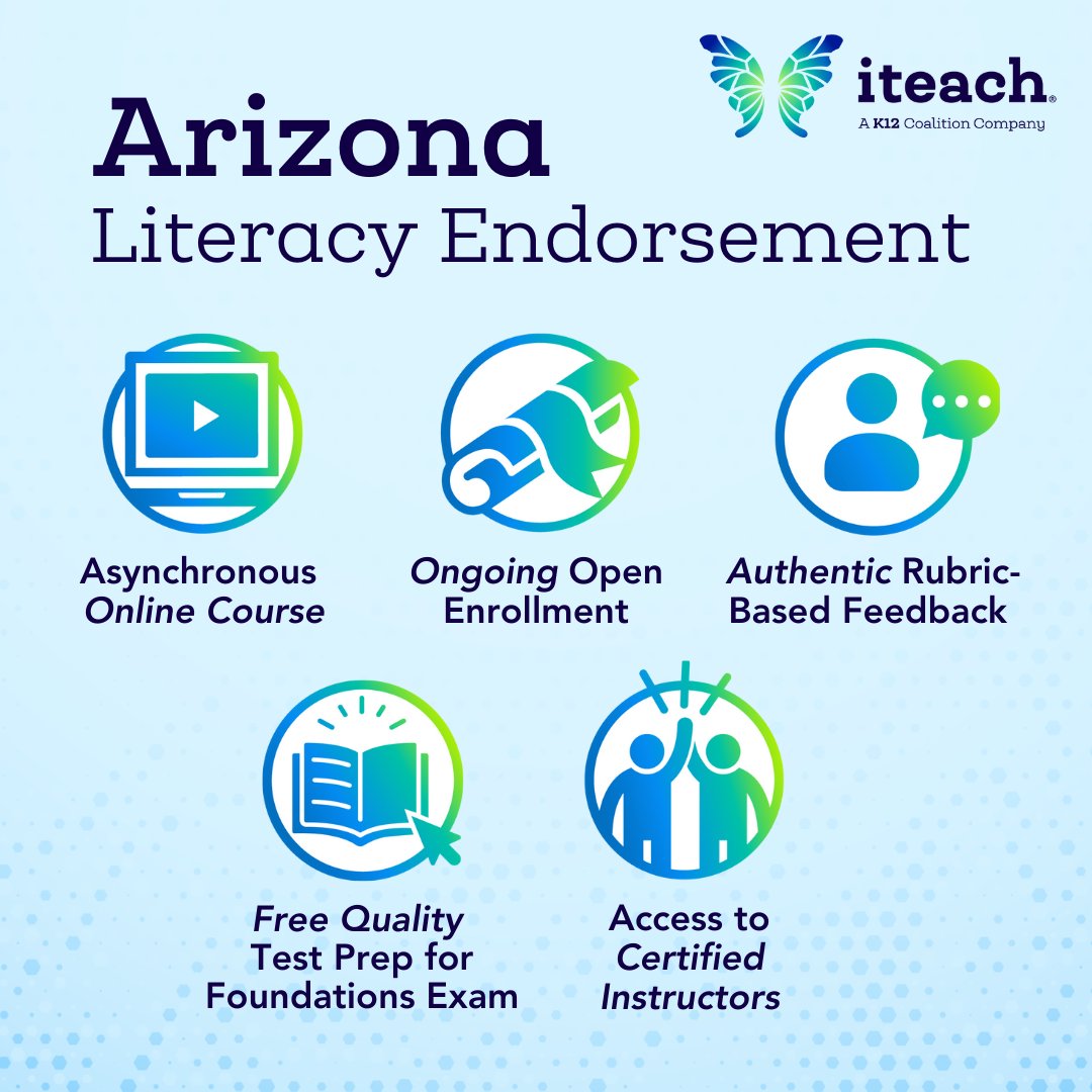 Begin your journey becoming a reading teacher in Arizona with our new Literacy Endorsement course! Enjoy online, flexible, self-paced learning, expert feedback, and free test prep. Register now: iteach.net/product-catego… #ArizonaLiteracy #OnlineLearning #AZteachers #AZ