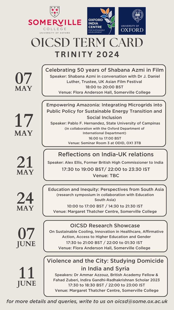 Presenting our term card for Trinity 2024. We are delighted to collaborate with @ukasianfilmfest @tonguesonfire @ODID_QEH and @EdSouthAsia! We will be hosting @AzmiShabana @AlexWEllis and @Dr_Ammar_Azzouz at @SomervilleOx 💜