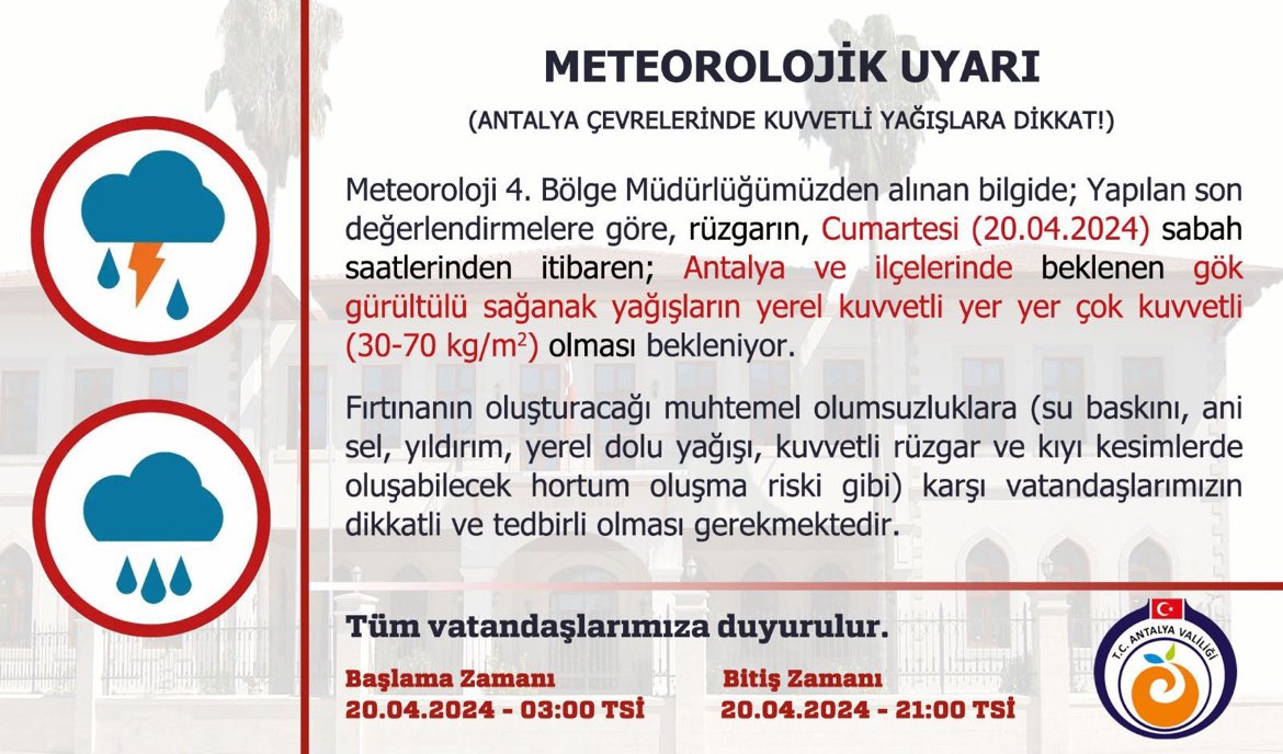 ⚠️Meteorolojik Uyarı ⚠️ Kuvvetli Yağış ve Fırtına Geliyor! #Antalya 🌪️⚡️