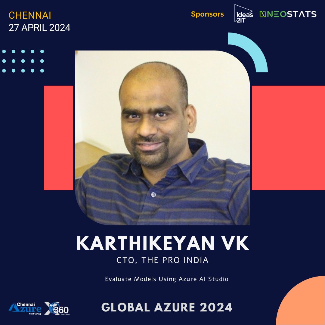 Don't miss @karthik3030 talk on '𝗘𝘃𝗮𝗹𝘂𝗮𝘁𝗲 𝗠𝗼𝗱𝗲𝗹𝘀 𝗨𝘀𝗶𝗻𝗴 𝗔𝘇𝘂𝗿𝗲 𝗔𝗜 𝗦𝘁𝘂𝗱𝗶𝗼' at the Global Azure 2024 event, scheduled for April 27, 2024.

Register: globalazure.in

 #GlobalAzureChennai #ChennaiAzureUserGroup #XMonkeys360 #CloudNative