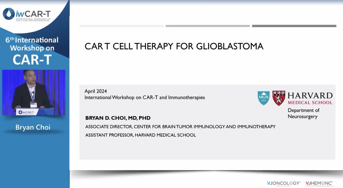 LIVE from #iwCART24: @BryanDChoi (@MassGeneralNews) introduces TanCART, a novel CAR T-cell targeting EGFRvIII and IL-13Rα2. Innovative strategies for #braintumors!

#iwCART24 @VJOncology #iwCART #CART #CellularTherapies