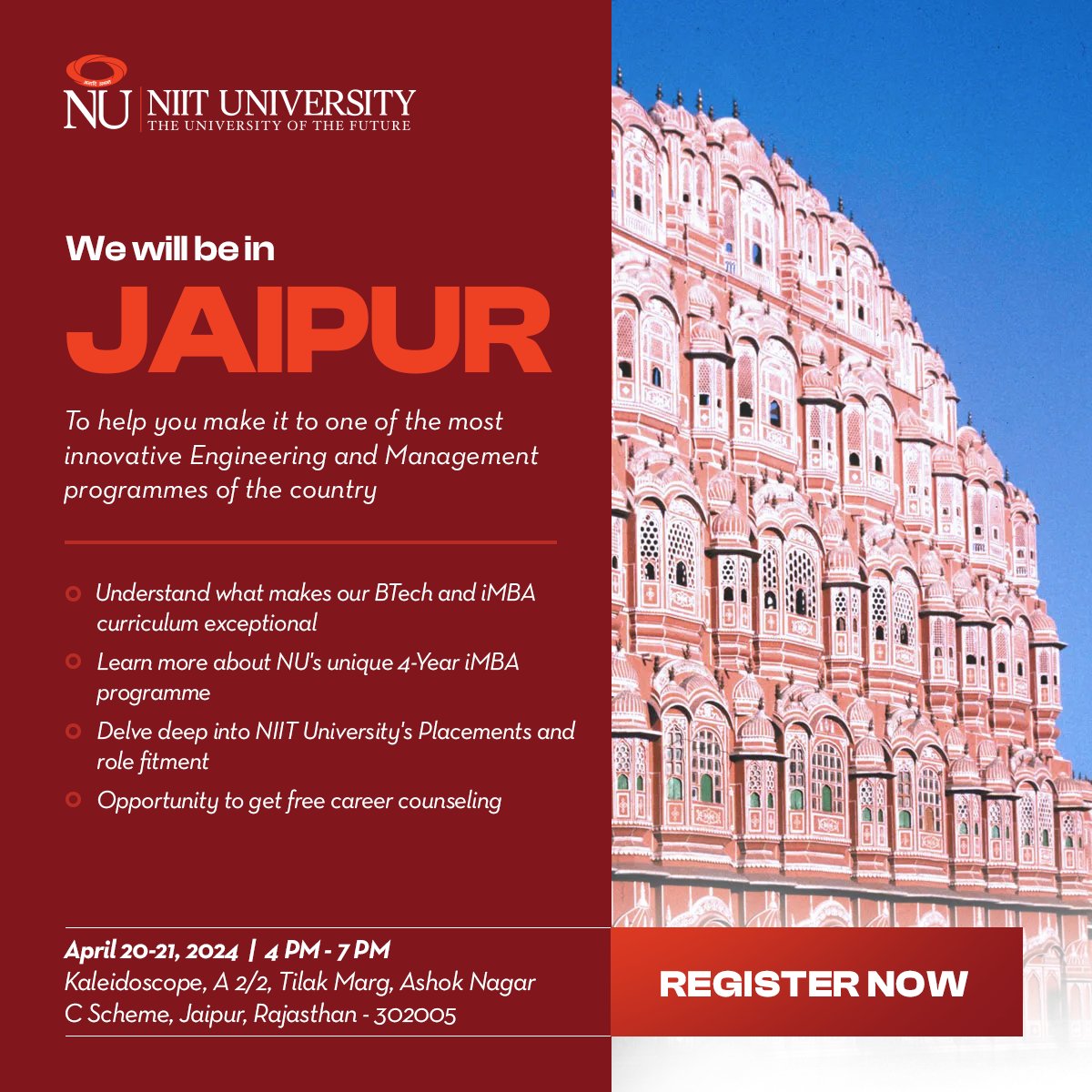 Join us for an interactive #infosession to #learn about the specialized programmes you can pursue after Class XII, the #scholarships you can apply for, the #faculty you will learn from, and the unique #admission process.

Meet us in Jaipur on April 20 and 21, 2024.
