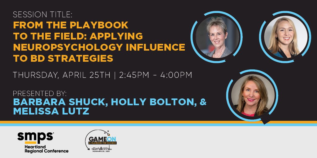 Dive into neuropsychology &amp; business at #SMPSHRC on April 25th with industry veterans <a href="/barbarashuck/">barbarashuck</a>, <a href="/HollyBolton/">HollyBolton</a> &amp; <a href="/melissalutz/">melissalutz</a> , aka the "Neuronerds!" Join their session, "From Playbook to Field: Applying Neuropsychology Influence to BD Strategies." smpsheartland.starchapter.com/images/LI_Sess…
