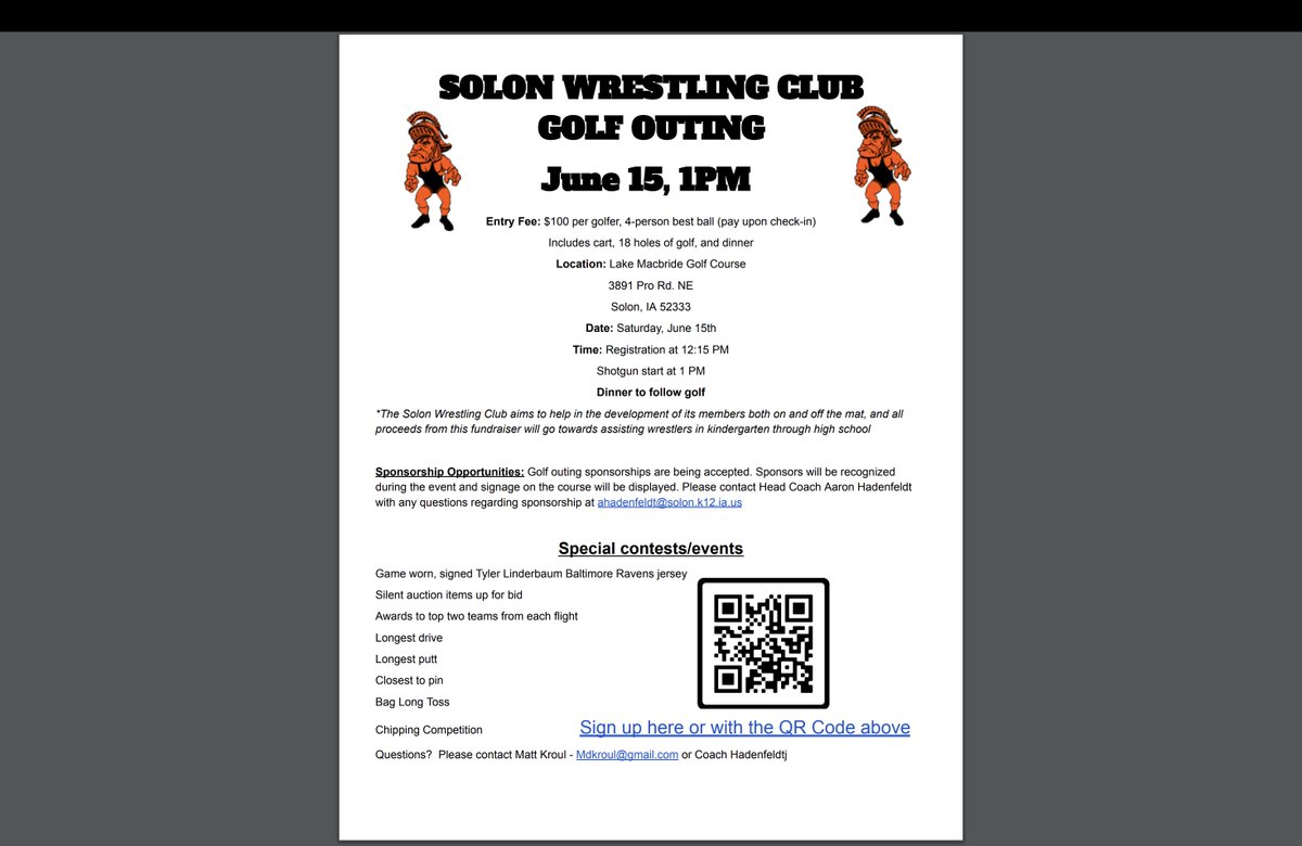 Solonwrestling's tweet photo. First ever Spartan Youth Club Golf Outing. June 15, 1pm at Lake MacBride Golf Course. 
Prizes, silent auction, and raffle to win a game-worn and signed Tyler Linderbaum Baltimore Ravens jersey!
Interested in sponsoring? Contact ahadenfeldt@solon.k12.ia.us https://t.co/DZGkX5cNYL