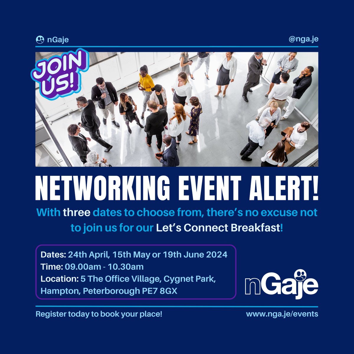 Our Let's Connect Breakfast Networking Event is taking place in April, May AND June! Check out the dates below and then click nga.je/events to register. #ngaje #networkingevent #breakfastmeeting #connectwithus #employeeengagement