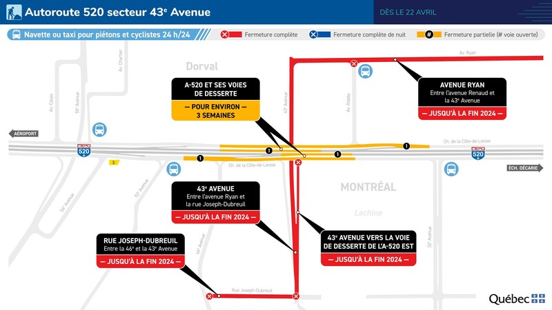 🚧 As of Monday, April 22, the @GouvQc is informing users of the start of reconstruction of the overpasses on A-520 (Côte-de-Liesse), above 43rd Avenue. For more information: bit.ly/3xBCnY0 (FR only) To help you plan your trip, consult @Qc511_Mtl