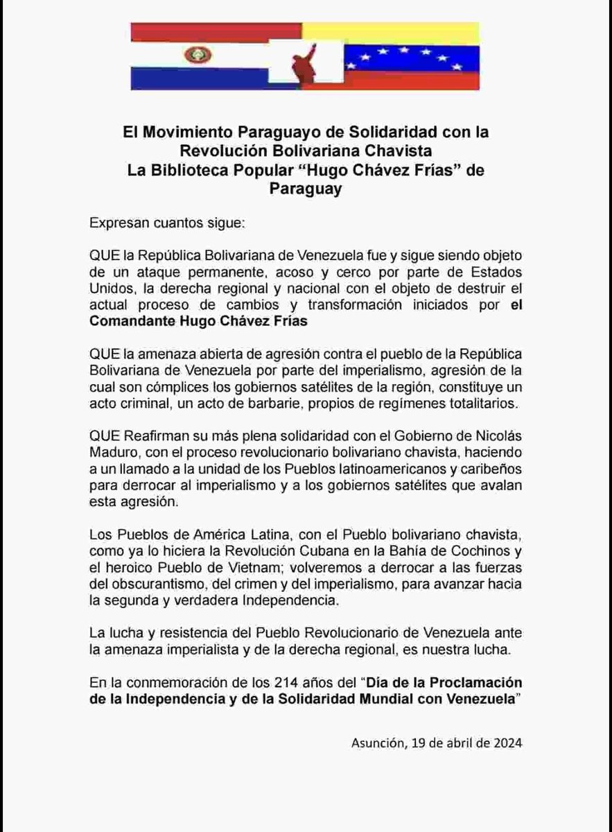 En el día de la Proclamación de la Independencia y de la Solidaridad Mundial con Venezuela Expresamos cuanto sigue: @CancilleriaVE @ISB_VE @PartidoPSUV @dcabellor @NicolasMaduro @PSUVint @RanderPena