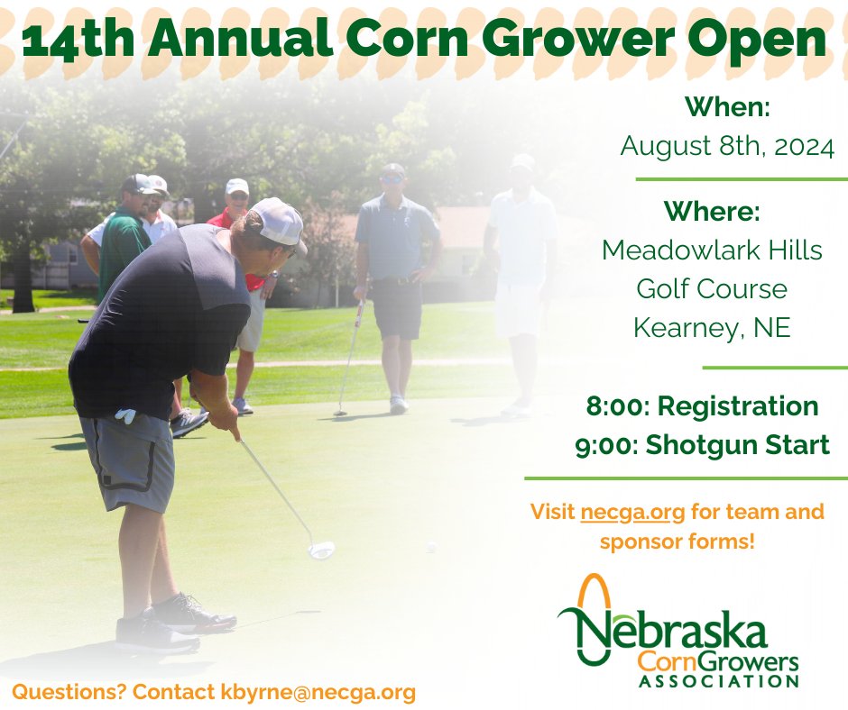 Join us for the 2024 Corn Grower Open! You are invited to the 14th annual Corn Grower Open golf tournament. The tournament will be held Thursday, August 8th at Meadowlark Hills Golf Course in Kearney! Visit the link for more information! necga.org/14th-annual-co…