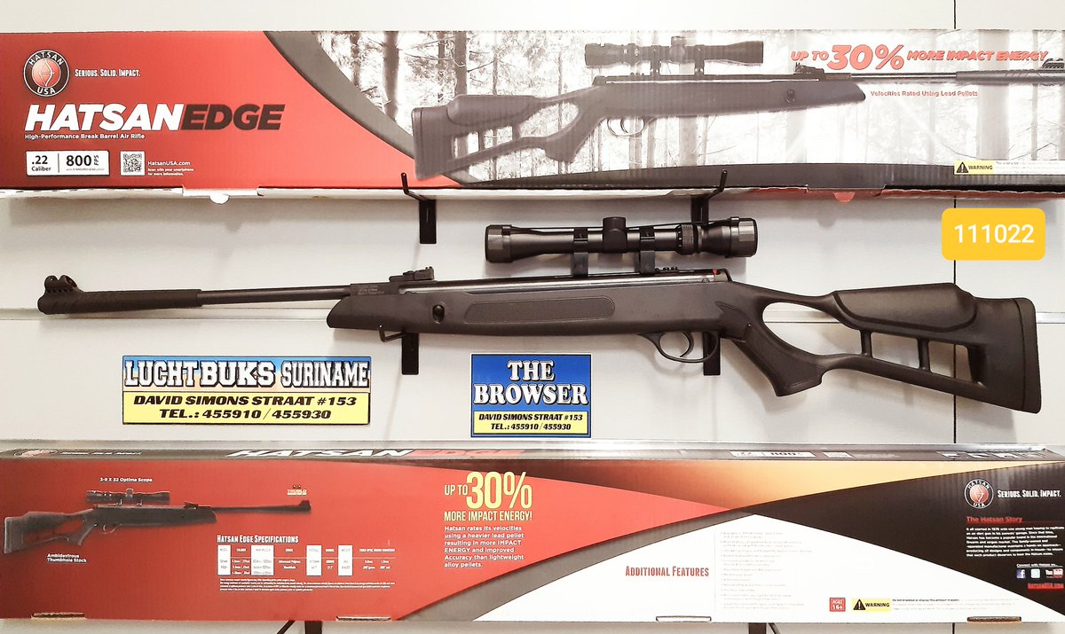 ✴️*NIEUWE SPORT INFO:
✅*Made in Turkey (USA version).⚠️
.
✴️Hatsan Edge Break-barrel Air Rifle.
✅*with 3-9 x 32 Optima Hatsan Scope:
✅*Caliber 0.22" (5.5mm).
✅*Max Muzzle Energy 21 ft/lbs.
✅*Max Velocity 1000 fps.
----------------------------
.
📱Whatsapp : +597 8583310
.