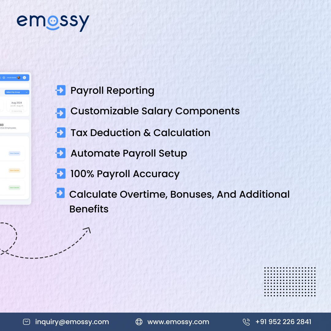 Simplify your payroll process with @Emossy_ Our comprehensive software allows you to effortlessly calculate overtime, bonuses and additional benefits, while automating your payroll setup.

📞 +91 9522262841
🌐 emossy.com

#Payroll #PayrollManagement #HRTech #Emossy