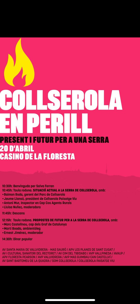 📢📢📢 DEMÀ!!!! Jornada el 20 dabril #collserolaenperill per exigir franges ben fetes, mes inversions per prevencio, mes gestió forestal. 
<a href="/Collserolapais1/">Collserolapaisatgeviu</a> <a href="/LluitaMasSauro/">LluitaMasSauró</a> <a href="/LluitaGuimbau/">LluitaMasGuimbau</a> #barrisdemuntanya #collserola #Catalunya
