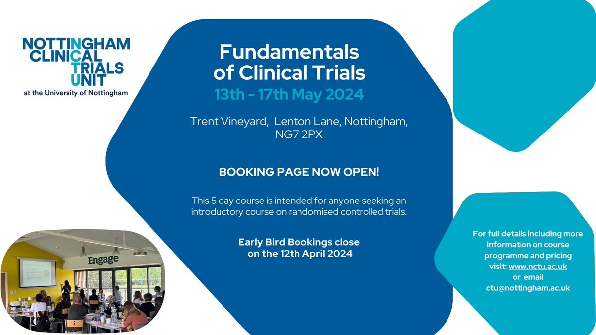 The Fundamentals of Clinical Trials course, delivered by @nottingham_CTU, introduces the key considerations when designing and conducting a randomised clinical trial. Discounted bookings available for UoN staff/students and NHS employees. More info 👉 tinyurl.com/ysbn5uaj