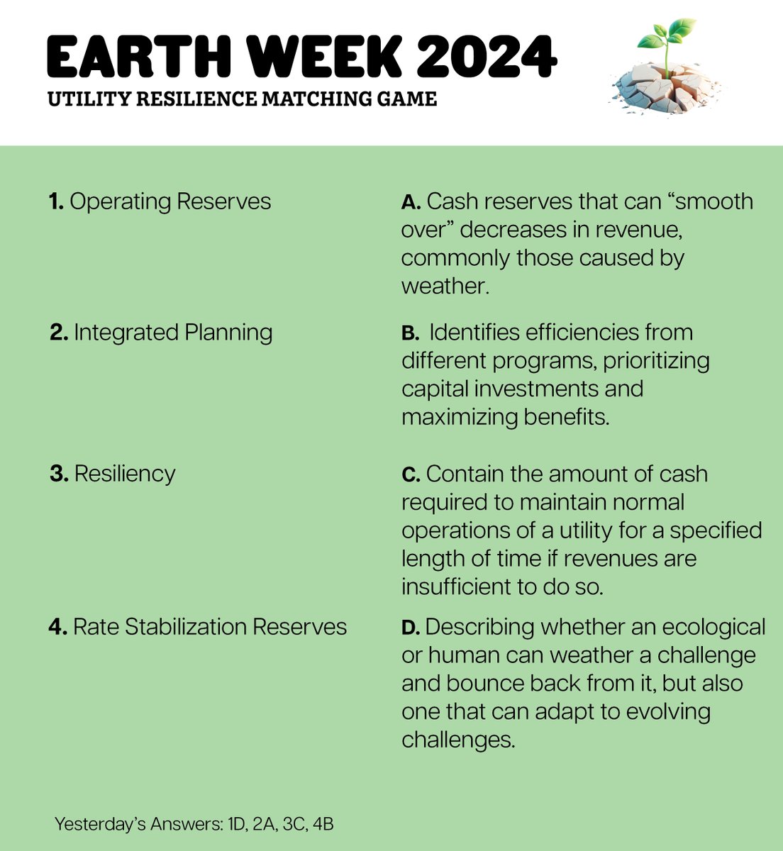 It's Friday! 🎉 Today's matching game is on utility resilience, and the answers to yesterday's game are printed at the bottom. How many did you get right? Comment below! #Resilience #EarthWeek #EFC