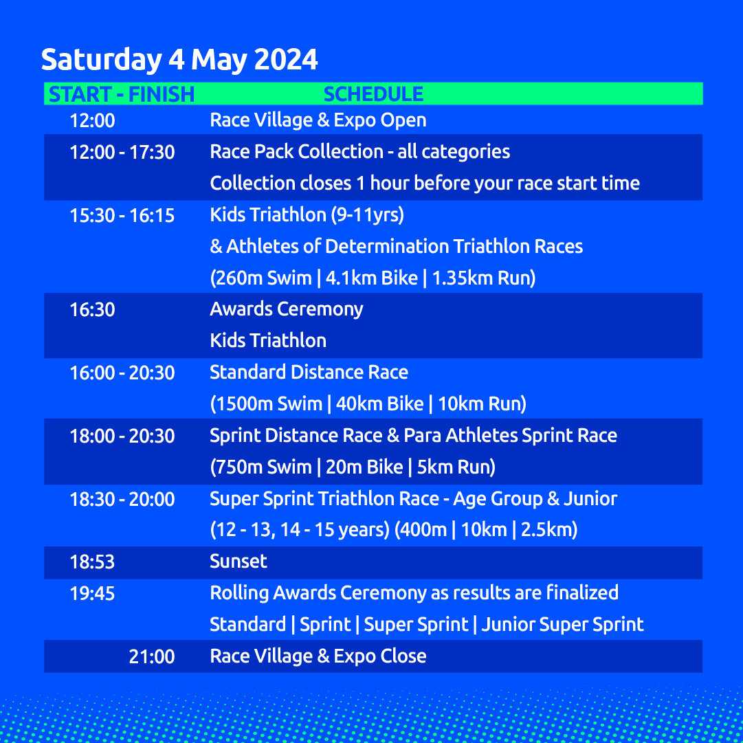 Check out the full event schedule for the Age Group races on 3-4 May! All races will take place in the cooler afternoon/evening weather.

اطلع على البرنامج الزمني لبطولة أبوظبي للترايثلون 2024 التي تقام منافساتها على مدار يومي 3 و4 مايو، في حلبة مرسى ياس.