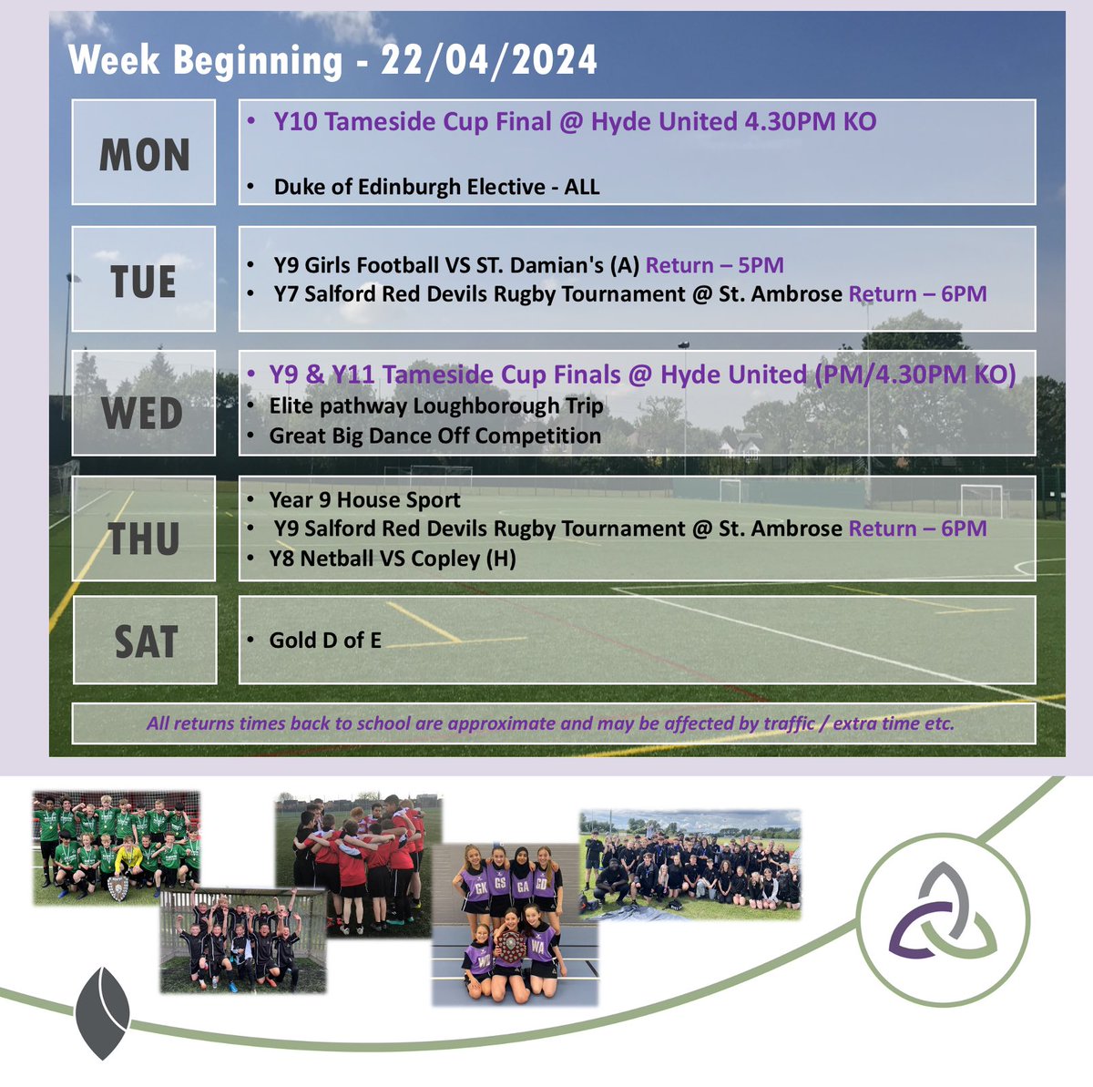 🏆 | This Weeks Events

CUP FINALS WEEK⚽️ 3 of our year groups all participating in the finals at Hyde.

Good luck to all pupils taking part. 

Please check lists and timings on the PE notice board and inform parents and caters.

#teamryecroft🟢🟣