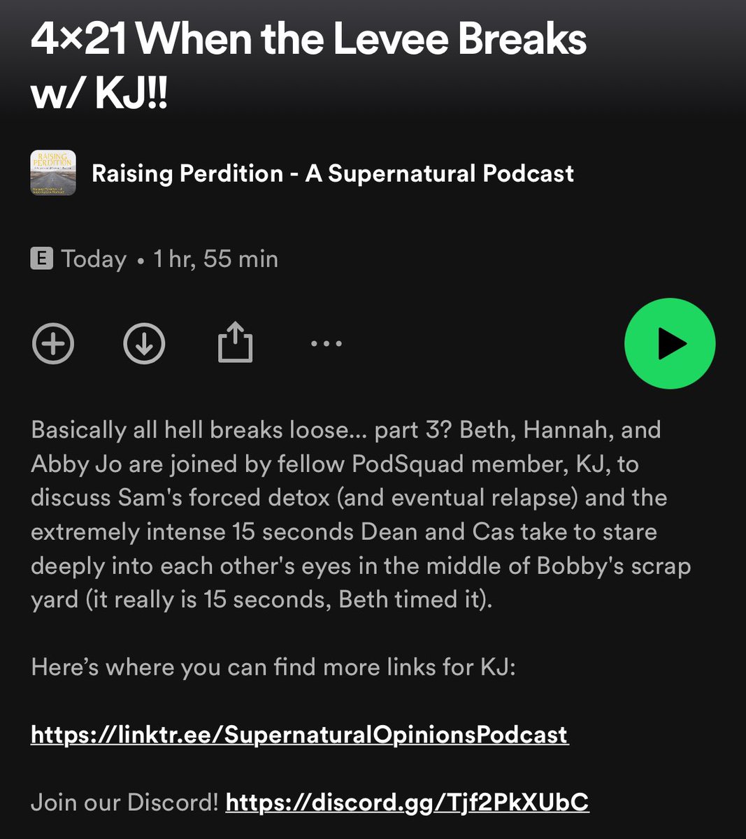 RPerditionPod's tweet image. ✨New Episode Available✨

This week we discuss #Supernatural episode 4x21 When the Levee Breaks 👀

We are joined by our fellow PodSquad member, KJ, from @SPNOpinionsPod!

To listen, check out the link in our bio!