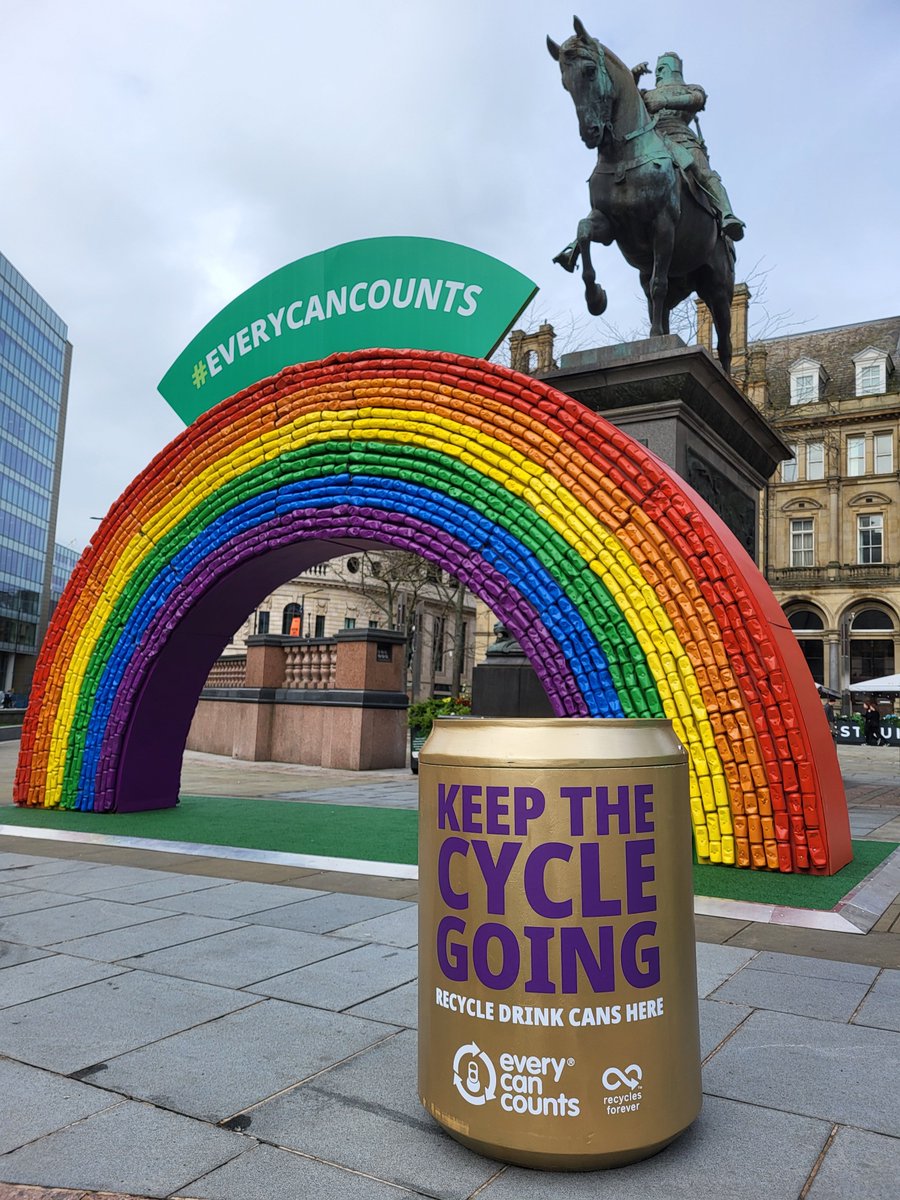 Check out the🌈that's arrived in Leeds City Square to celebrate #EarthDay on Monday! It reminds us drink cans are 100% recyclable in your green bin. Post a pic of the arch using #EveryCanCounts tagging @EveryCanCounts to win £150💰 @TrinityLeeds gift card: everycancounts.co.uk/leeds-earth-da…