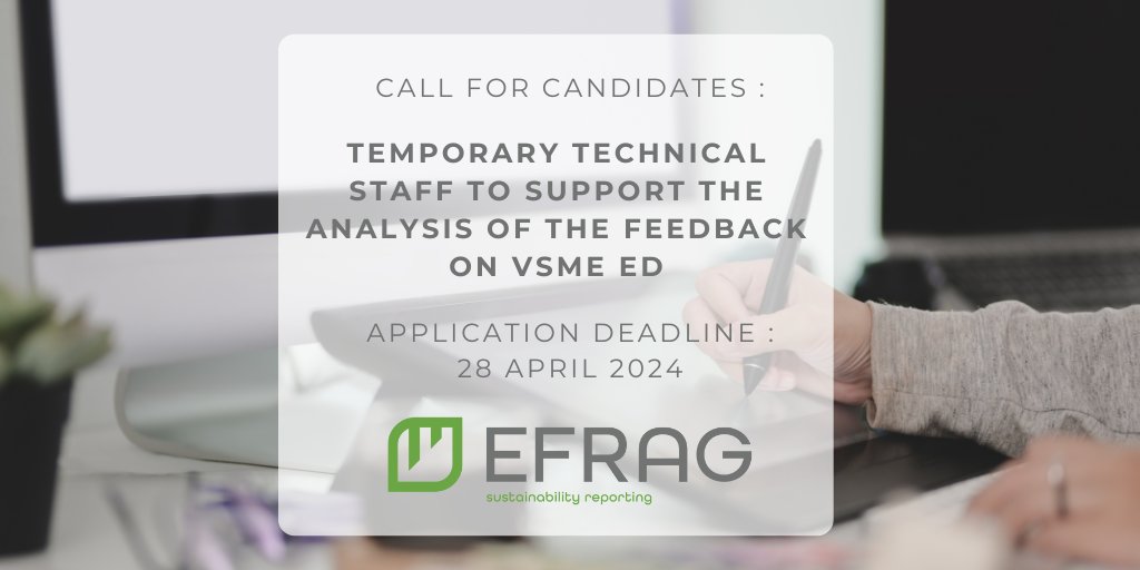 🔎 EFRAG is looking for additional temporary natural persons or one person companies without legal personality to support the analysis of the feedback consultation on the VSME ED. More info ▶️ lnkd.in/ecYRHyzG #SustainabilityReporting #EFRAG #SMEs #VSME