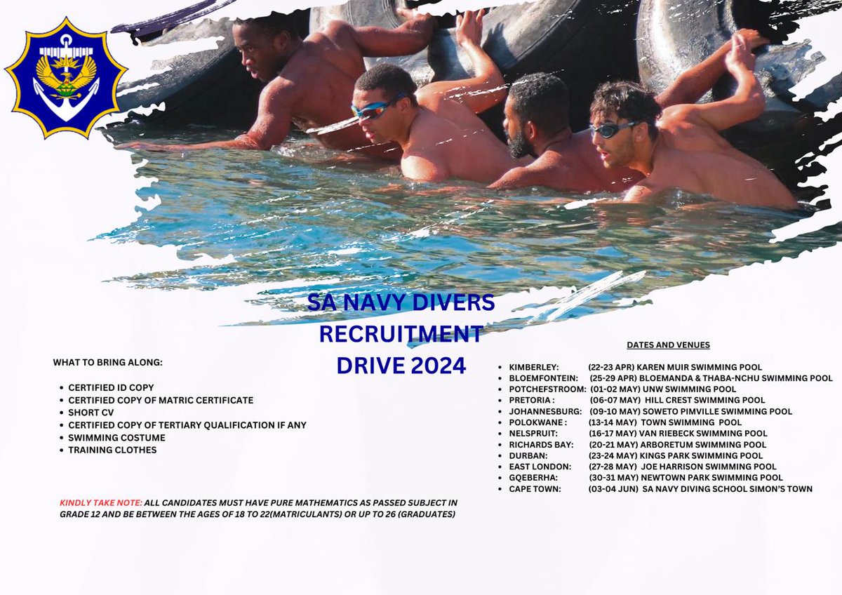 SA Navy Recruitment Drive 2024. What to bring along: Certified Identity Copy; Certified Copy of Matric Certificate; Short Curriculum Vitae; Certified Copy of Tertiary Qualification if any; Swimming Costume and Training Clothes. #SANDF #SANavy #ToBeUnchallengedAtSea